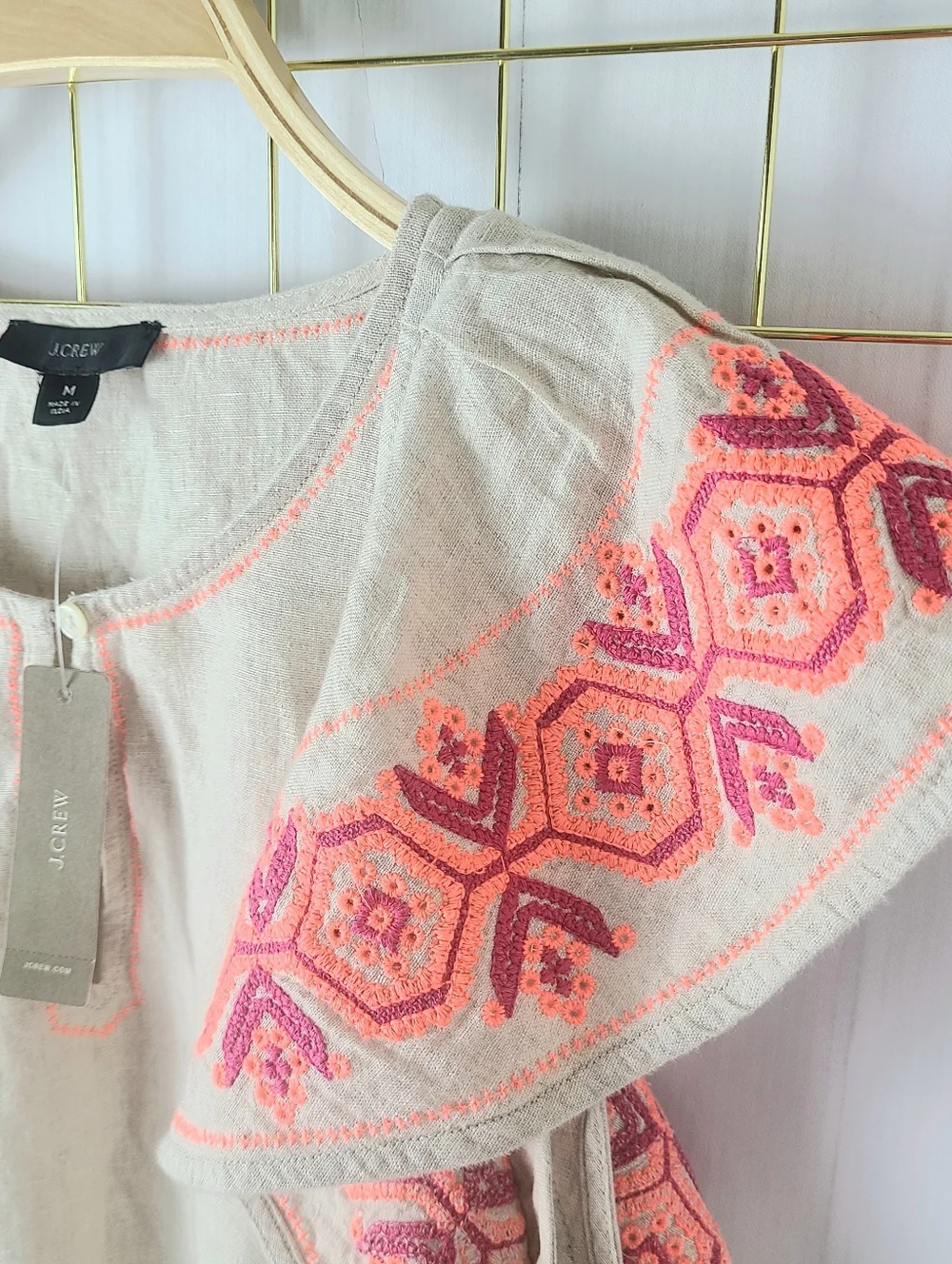NWT J. Crew Linen Embroidered Flutter Sleeve Blouse Top